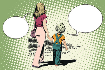 Obraz premium Mother and son walking together on nature. Stock illustration.