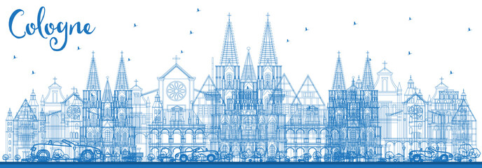 Outline Cologne Germany City Skyline with Blue Buildings. - obrazy, fototapety, plakaty