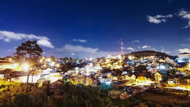 Uhd Timelaps : Dalat Vietnam Night Cityscape of Dalat in Vietnam with cloudy