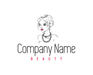 Line Art Beautiful Women with Hair Tied Back and Heart Necklace Hand Drawing Logo Fashion