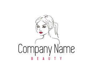Line Art Beautiful Women with Hair Tied Back Hand Drawing Logo Fashion