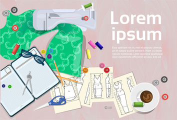 Fashion Designer Workplace With Fabric And Clothes Sketches Top Angle View Concept Flat Vector Illustration