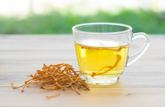 .Dried Cordyceps Militaris Mushroom with Cup on wooden table background