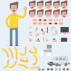 Creating a young guy with a lot of different views, emotions, postures and gestures. Cartoon style, flat vector illustration.