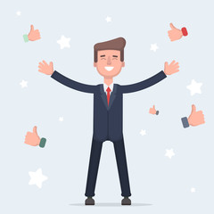 Happy and proud businessman with many thumbs up hands around him.