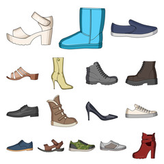 Different shoes cartoon icons in set collection for design. Men s and women s shoes vector symbol stock web illustration.
