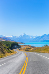 Mount cook viewpoint with the lake pukaki and the road leading to mount cook village in New Zealand.	