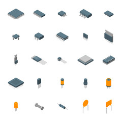 Microchip Computer Electronic Components Icons Set Isometric View. Vector