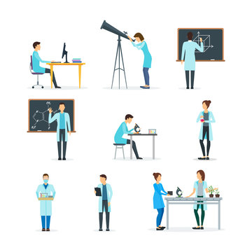 Cartoon Biologists, Chemists and Physicists Set. Vector