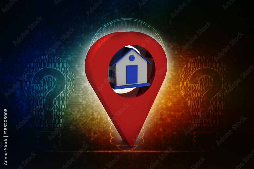 Poster 3d illustration search for property. a map with large red gps pointer containing home