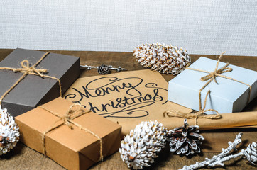 Boxes with gifts, cones, text 