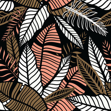 Colorful tropical pattern with exotic plants. Seamless vector hand drawn tropical wallpaper with leaves.