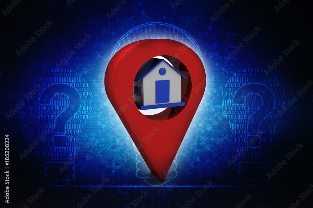 Poster 3d illustration search for property. a map with large red gps pointer containing home