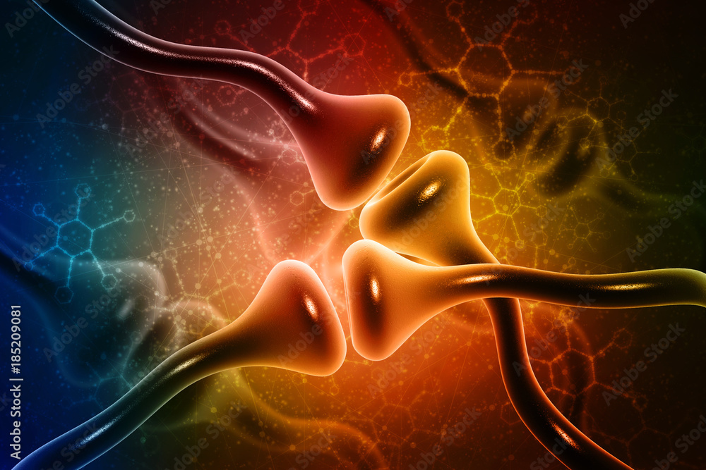 Poster synapse and neuron cells sending electrical chemical signals. 3d rendering
