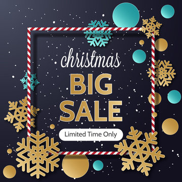 Christmas sale banner. Big sale 50. Holiday discount. Winter seasonal banner with winter background. Holiday poster.
