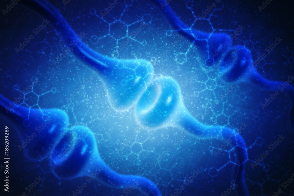 Poster synapse and neuron cells sending electrical chemical signals. 3d rendering