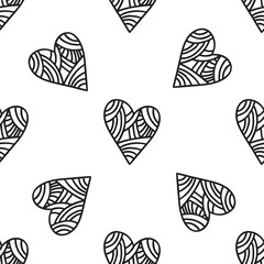 Decorative hearts. Black and white illustration and seamless pattern. Vector