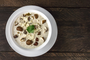 Plate of mushroom soup, top view with copy space