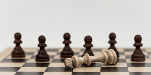 Chess pieces on a chess board with the king and pawns