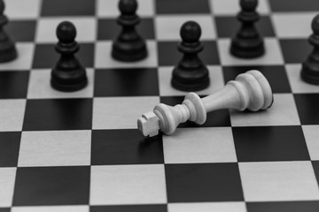 Chess pieces on a chess board with the king and pawns