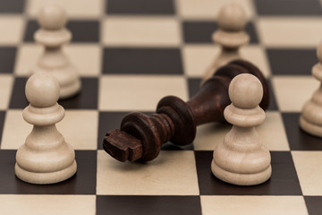 Chess pieces on a chess board with the king and pawns