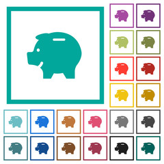 Left facing piggy bank flat color icons with quadrant frames