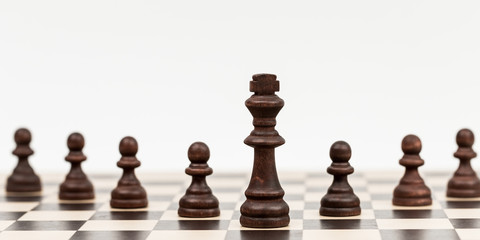 Chess pieces on a chess board with the king and pawns