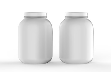 Protein or gainer powder container tub and jar ready for your design labels. 3d illustration.