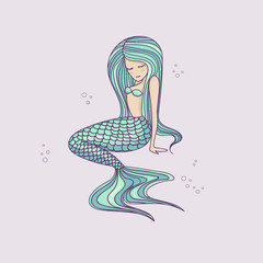 Beautiful little mermaid. Siren. Sea theme. Hand drawn vector illustration.