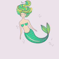 Beautiful little mermaid. Siren. Sea theme. Hand drawn vector illustration.