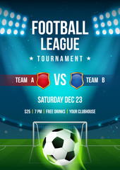 Football league tournament poster vector illustration, Ball in arena field with stadium lights  © Farosofa