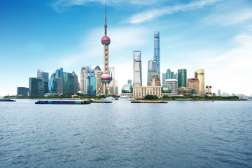Shanghai skyline and Huangpu river in a sunny day