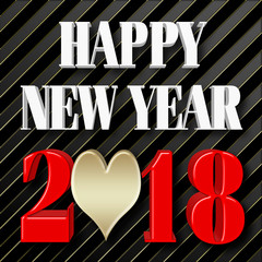 Stock Illustration - White Happy New Year, Red 2018, Golden Heart shape, 3D Illustration, Black Gradient Background.