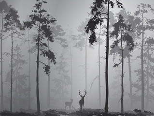 silhouette of a forest with a family of deer