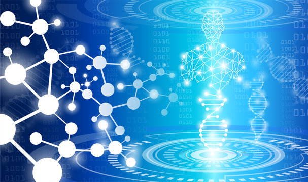 abstract background technology concept in blue light,brain and human body heal ,technology modern medical science in future and global international medical with tests analysis clone DNA human