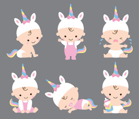 Vector illustration of baby girl in unicorn costume with various poses including sitting, standing, crying, sleeping, etc.