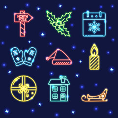 Neon set of shining Christmas icons in line style