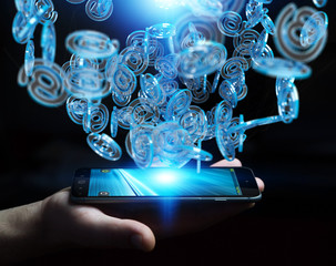 Businessman using digital arobase blue sphere to surf on internet 3D rendering