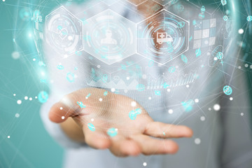 Businesswoman using digital medical sphere 3D rendering