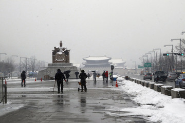Gwanghwamun Square on a snowy day, in SEOUL, SOUTH KOREA 