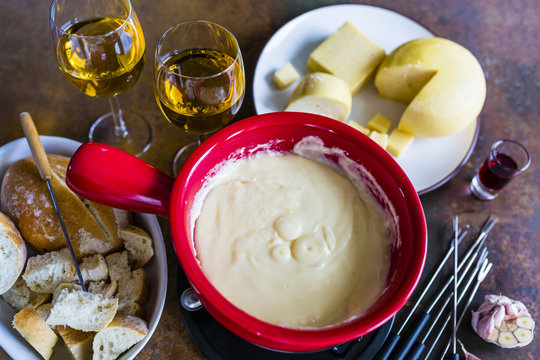 Traditional Swiss fondue with Gruyere cheese.
