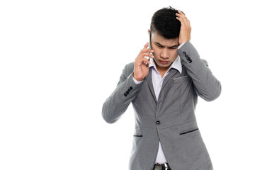 Portrait of a business man with smart phone. Isolated on white background