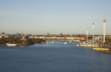 Stockholm waterfront  with landmarks in midwinter sunlight
