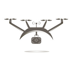 Grey air drone with medical bag flat design icon stock vector illustration, sing of medical aid, emergency care