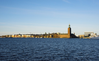 Stockholm waterfront with City Hall at lake Malaren in midwinter pale sunlight