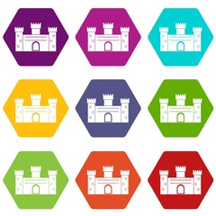 Medieval fortification icon set color hexahedron