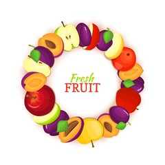 Obraz premium Round frame composed of delicious apple plum fruit. Vector card illustration. Apples and plums circle frame with place for text for design of food packaging juice breakfast cosmetics tea detox diet