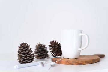Creative natural composition of winter pine cones on white background
