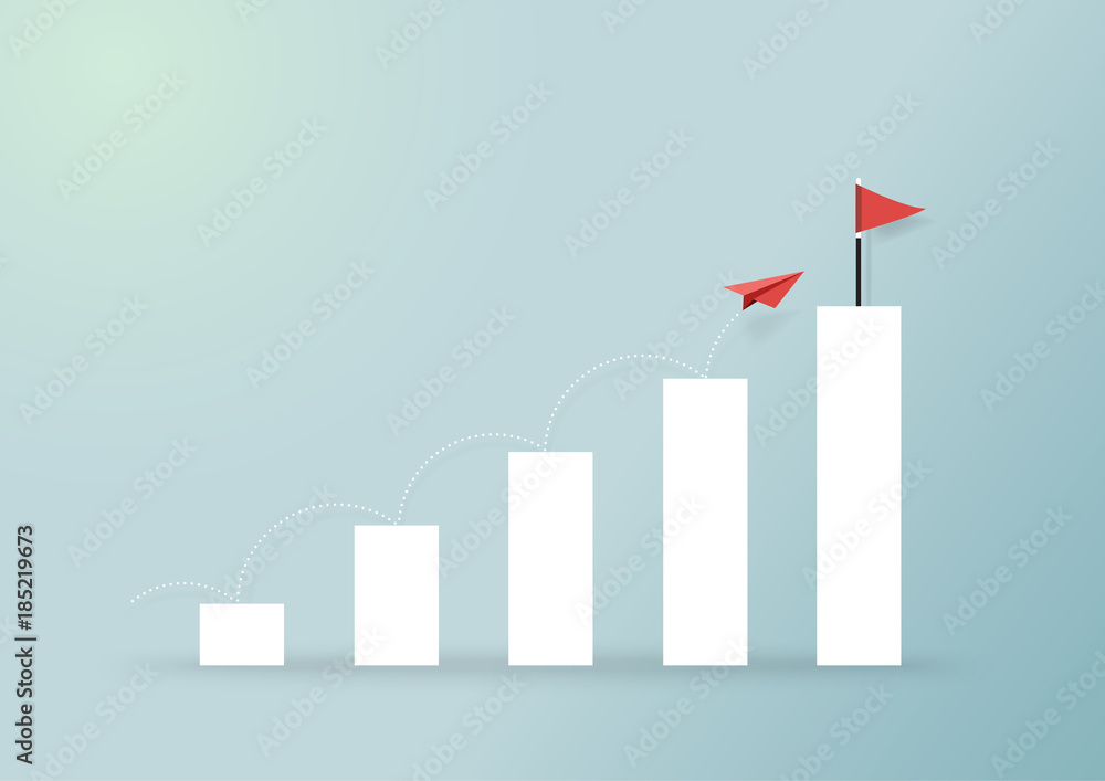 Poster paper airplanes flying on growing graph to red flag.paper art style of business success creative con