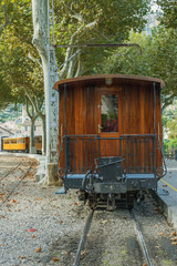 Fototapeta na wymiar rear view of the old train on the platform of the Spanish town of Soller
